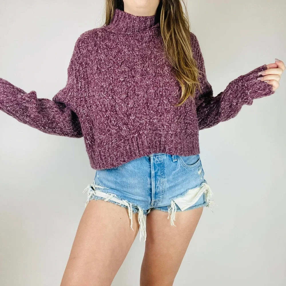 Free People Purple Cable Knit mock Neck Sweater - Picture 4 of 9
